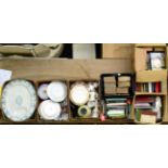 Fourteen boxes of assorted household ceramics and glass including 19th century meat plates, books,