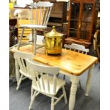 A part painted pine kitchen table together with five various painted chairs and a coal bucket