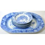 A large blue and white platter, and eight plates including Spode, all early 19th century