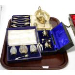 Mixed silver items to include a sauce boat, set of twelve golfing teaspoons, condiment sets etc