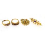 Two Victorian gem set rings, a gem set pendant and a brooch 11.71g gross