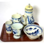 A small group of Liverpool pearlware including coffee pot, basin, two mugs (all a.f.), together with