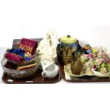 Catterick Lodge jewels, Staffordshire flatback figure, crested china etc (two trays)