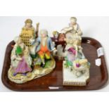 A Meissen porcelain figure of a girl seated by a table (cracked and re-stuck), a similar figure by