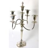 A silver plated candelabra, by Walker & Hall, five lights, scroll arms, tapered stem, shaped base