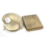 A silver trinket box, cigarette case and thimble