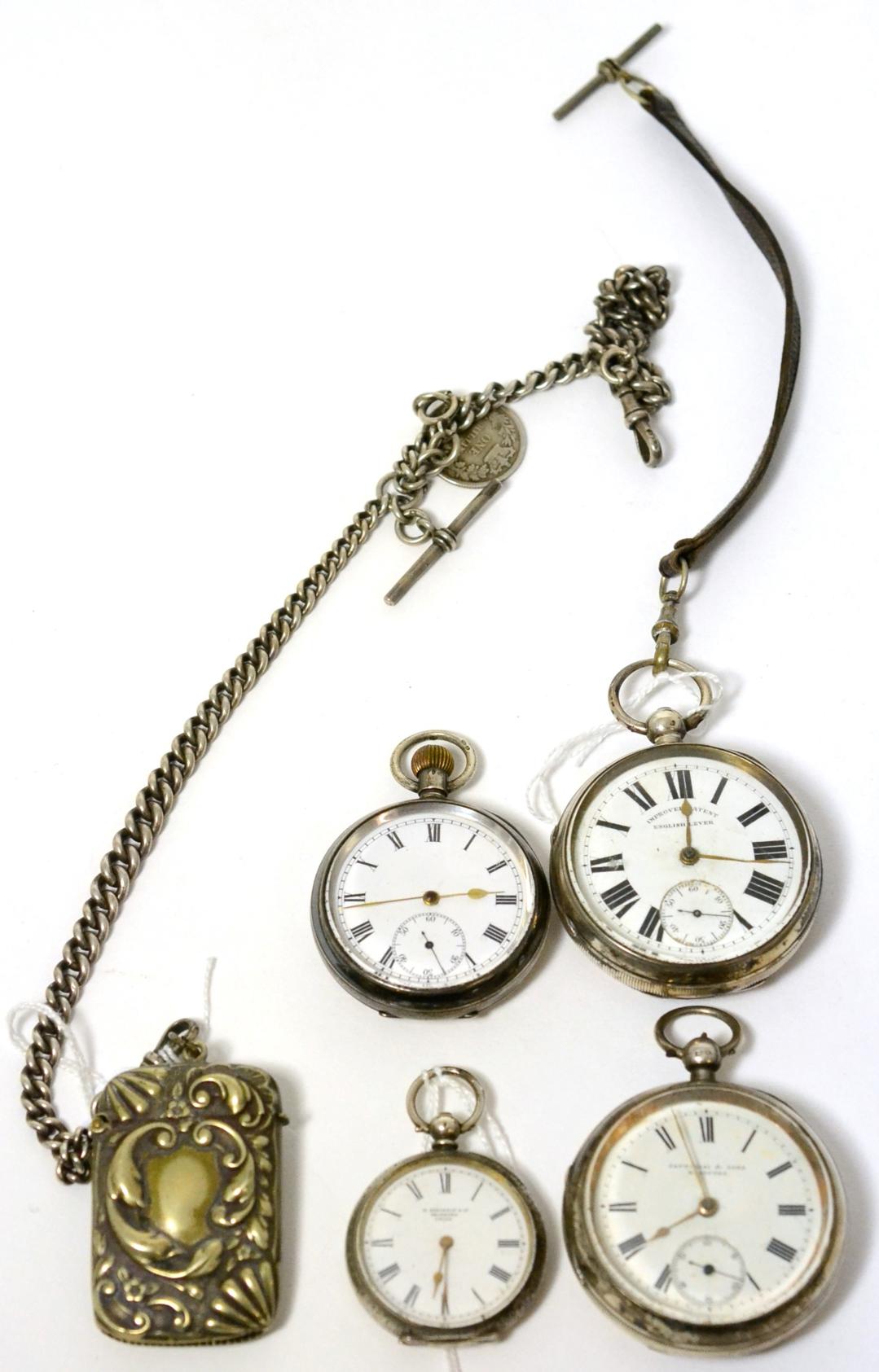 Four various silver pocket and fob watches with a vesta on chain
