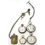 Four various silver pocket and fob watches with a vesta on chain