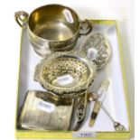 Silver twin handled bowl, two baskets, cigarette case, two small letter openers and two plated