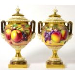 A pair of Royal Worcester vases, painted on both sides with fruit, one signed P Platt, the other T