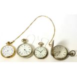 Spanish white metal cased pocket watch, two plated pocket watches and a gilt pocket watch and chain