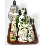 Two 19th century Staffordshire spaniels and five assorted figures together with a Japanese vase