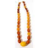 An amber bead necklace, graduated oval amber beads knotted to a bolt ring clasp, length 53.5cm, 57.