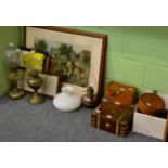 Two Victorian brass oil lamps, one with a uranium glass shade, lantern, 19th century brass bound