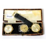 A chrome wristwatch signed J.W.Benson, plated wristwatch signed Oris and another plated wristwatch