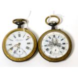 Two gun metal pocket watches, one depicting a sailing ship on the dial (2)