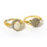 An 18 carat gold diamond cluster ring and a 9 carat gold opal cluster ring (2) Diamond cluster