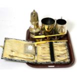 A silver sugar caster; three silver napkin rings; silver cigarette case and various plated wares