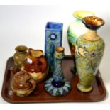 Various Doulton Lambeth stoneware including two vases, candlestick, teapot and jug with a Doulton