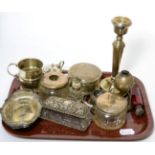 Assorted silver items to include candlestick, dressing table pots, scent bottle etc