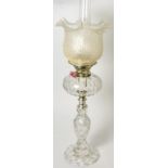 A cut glass oil lamp and shade, the fitting marked Hinks & Sons, patent