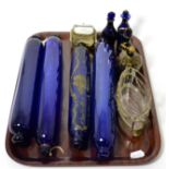 A group of Victorian blue glass rolling pins etc