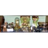 A shelf of ornamental items including 400 day timepiece, Victorian pottery clock and vase, barometer