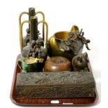 A group of Continental patinated metalware vases, an Oriental dragon decorated glove box, a late