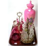 A Victorian painted pink glass vase and cover, two silver plated bottle cruets one with cranberry