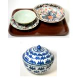 A 19th century Japanese Imari shaving bowl, Chinese blue and white porcelain box and cover (a.f.),