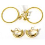 A pair of gem set half hoop earrings, with French clip fittings and a second pair of hoop earrings