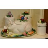 Fitz and Floyd vegetable tureen in the form of a pig with oval platter and three graduated jars and