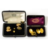 Two pairs of 9 carat gold cufflinks and three 18 carat gold dress studsCufflinks - 21.82g gross.