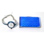 A silver and blue enamel cigarette case and a silver and blue enamel wristwatch (2)