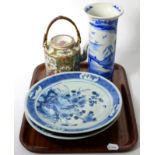 A pair of Oriental blue and white porcelain plates, a Cantonese famille rose tea pot and a blue