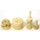 A small group of late 19th/early 20th century Chinese ivory including a puzzle ball, a box and cover