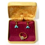 A seed pearl ring and a pair of turquoise earrings (2)Ring - Finger size I1/2, 4.69g gross. Earrings