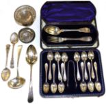 A silver fiddle thread and shell pattern fork and spoon, cased; a set of twelve silver coffee spoons