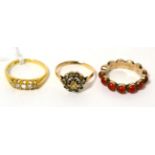 An 18 carat gold rose cut diamond ring, finger size P, a gem set eternity ring, finger size L and