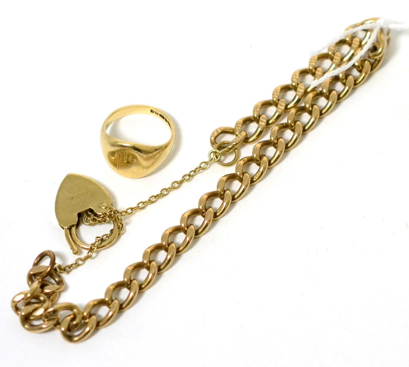 A 9 carat gold curb link bracelet, with a 9 carat gold padlock clasp and a 9 carat gold signet ring,