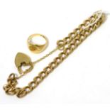 A 9 carat gold curb link bracelet, with a 9 carat gold padlock clasp and a 9 carat gold signet ring,