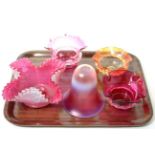 Cranberry vaseline light shade, Nailsea bowl and three dishes