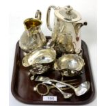 Two silver sauce boats, milk jug, plated hot water jug and two spoons and a fork