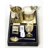 Silver christening set, cased, a Christening mug and a mustard pot