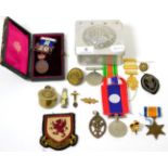 Various medals, Masonic medallions, French lighter etc (qty)