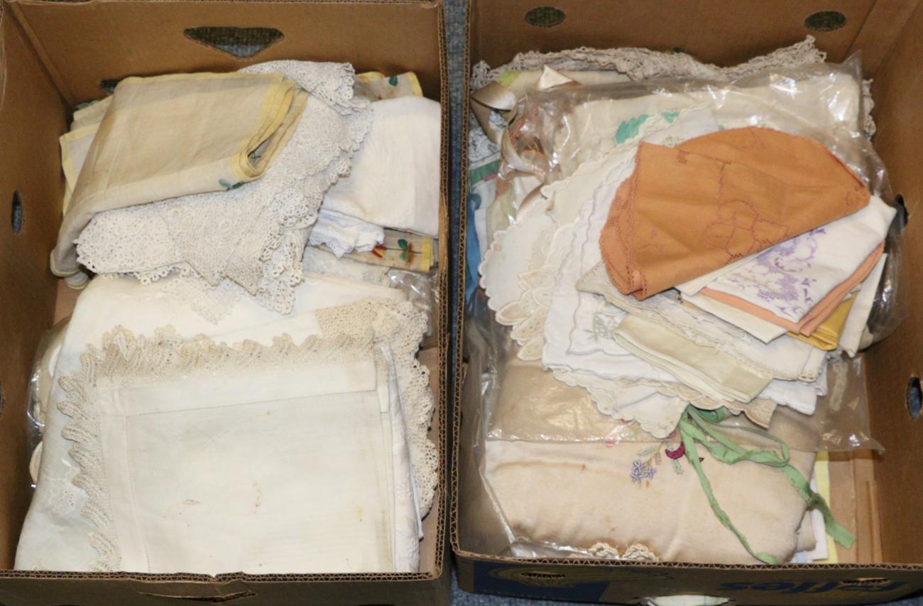 A quantity of assorted white linen and embroidered textiles etc (two boxes)