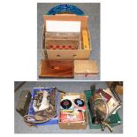 Four boxes of horse tack, records, a small oak wall mounted rack, various chess boards etc