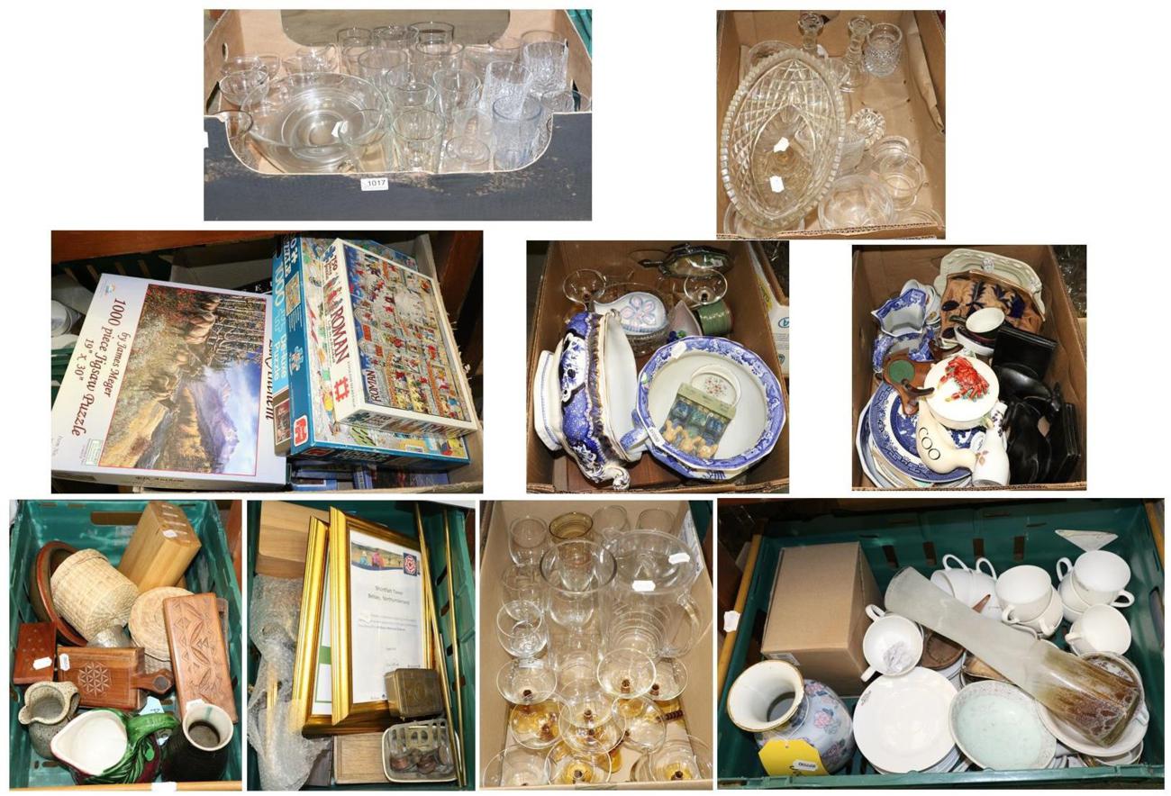 Thirteen boxes of miscellaneous glass, ceramics and other items including 19th century cut glass