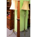 Pair of brass faux bamboo standard lamps with silk shades