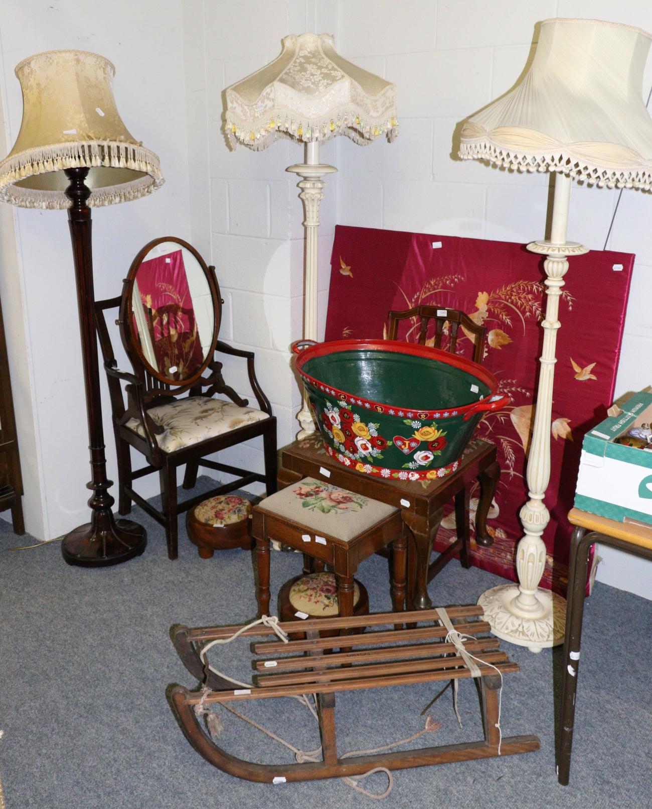 Mixed furniture and other items including a hall stand, standard lamps, a vintage sledge, a
